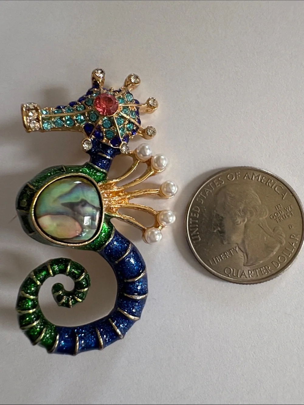 Jeweled Seahorse Brooch in Blue, Green & Gold